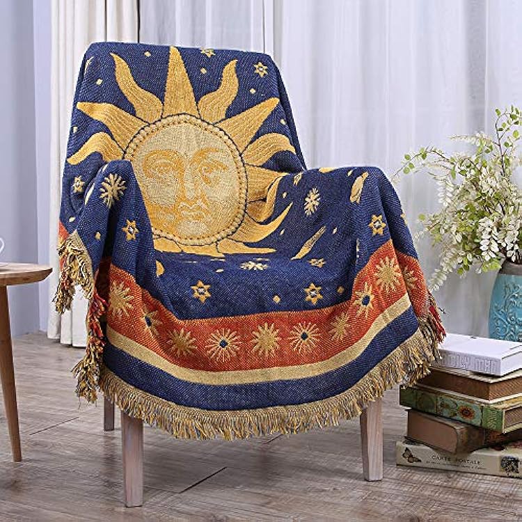 Erke Moon and Sun Throw Blanket Celestial Chair Recliner Cover Bed Spread Hippie Room Decor, Double Sided Cotton Woven Sofa Couch Furniture Aesthetic Witchy Throws - 50 X 70, YellowBlue