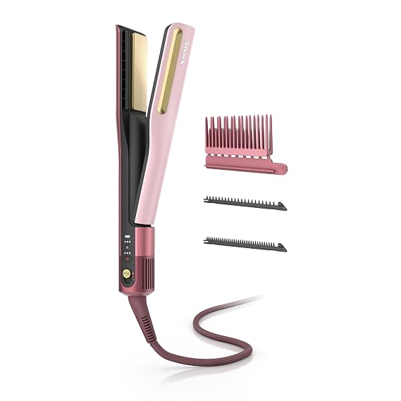 Shark SilkiPro Air Straightener & Blow Dryer, Flat Iron, Rose, HT400PK | 3-in-1 Air Straightener, Blow Dryer & Flat Iron with Smoothing Combs and HeatSense Ceramic Plates for a Silky Finish