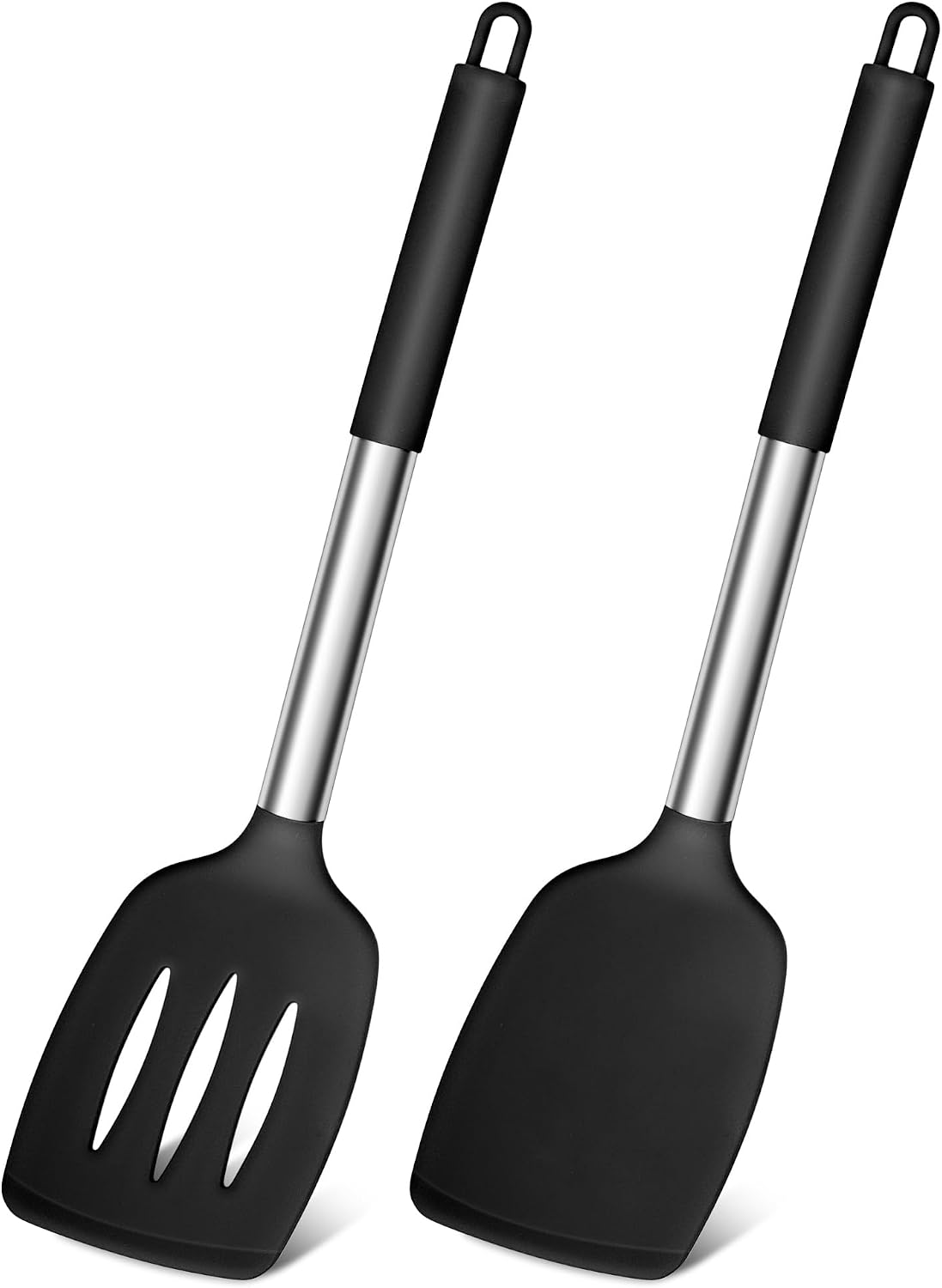 Joyfair Silicone Spatula, Stainless Steel Spatula Pack of 2, Cooking TurnerNon Stick Kitchen Slotted Utensil Set Ideal for Fish, Eggs, Pancakes, Heat Resistant & Dishwasher Safe, Black