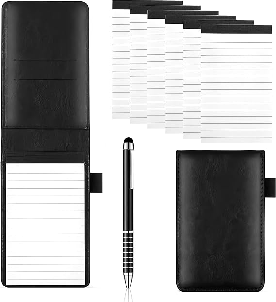 8Pcs Mini Pocket notepad A7 Holder Set, PU Leather Small Pocket Notebook with 50 Lined Sheets Small Notebooks Pocket Size Included 1 Metal Pen 6Pcs Notepad Memo Book for Office School Taking Notes