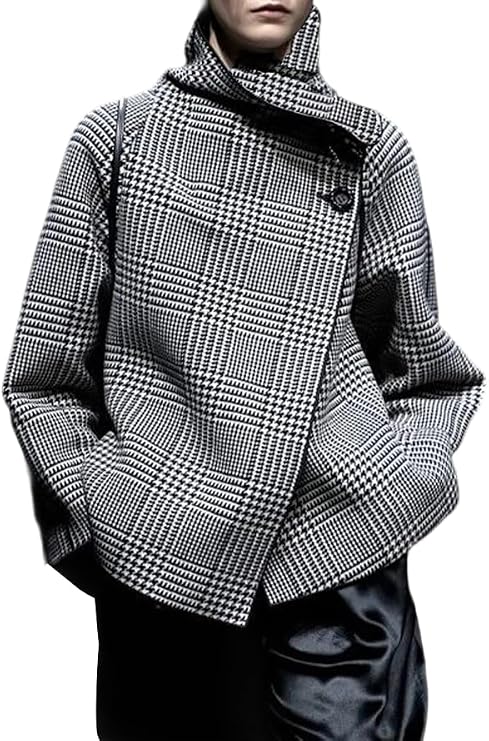 UOOZEE Women's Vintage Houndstooth Long Sleeve Blazer Work Suit Jackets Stand Collar Plaid Formal Office Work Coats