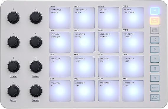 SMC PAD USB MIDI Keyboard Controller, Bluetooth MIDI Keyboard with 16 RGB Backlit Pads 8 Assignable Knobs and Note Repeat Function and 3.5mm MIDI Output