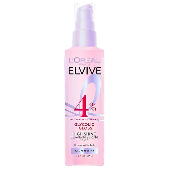 L'Oreal Paris Elvive Glycolic + Gloss High Shine Leave-In Hair Serum, Smooths Dull, Porous Hair Into High-Shine, Glossy Hair, 4.4 Fl Oz