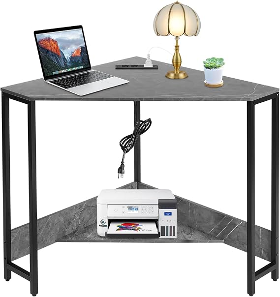 Corner Computer Desk, 26.77 Inch Triangle Small Space Desk with Outlets and Power Cord, Modern Writing Workstation, Corner Storage Table for Office, Home, Design Studio, Study Room (Gray)