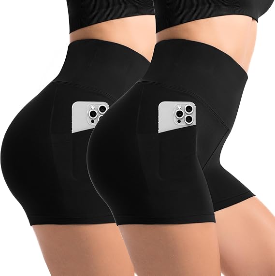 CADITEX Biker Shorts with Pockets for Women, 2 Pack High Waisted Spandex Yoga Shorts