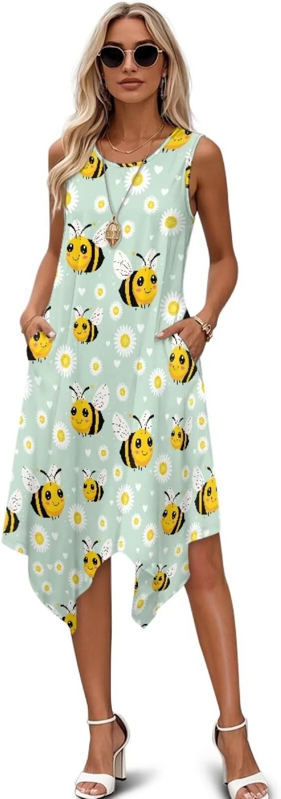 Beauty Collector Women's Summer Tropical Vacation Hankerchief Hem Tank Dress with Pockets
