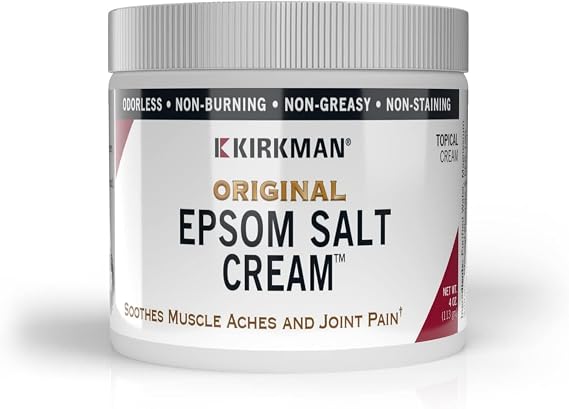 Kirkman Epsom Salt Cream - 4oz - Topical Magnesium for Muscle Relaxation - Fast-Absorbing - Hypoallergenic - Gluten Free - Casein Free