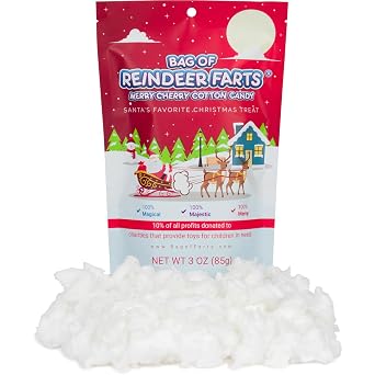 Bag of Reindeer Farts Cotton Candy, NEW Merry Cherry Flavor, 1 pack / 3 ounces, Funny Christmas Stocking Stuffer Present for Kids Boys Girls Teens Teachers White Elephant Unique Holiday Surprise