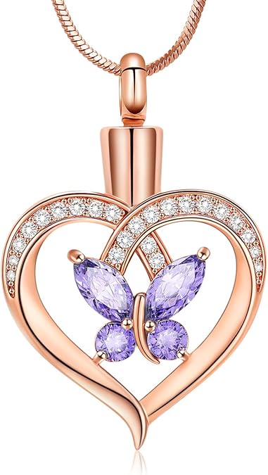 Minicremation Cremation Jewelry Butterfly Heart Urn Necklace for Ashes for Women Urn Pendant Birthstone Locket Crystals Ash Loved One Memorial Keepsake Pendant