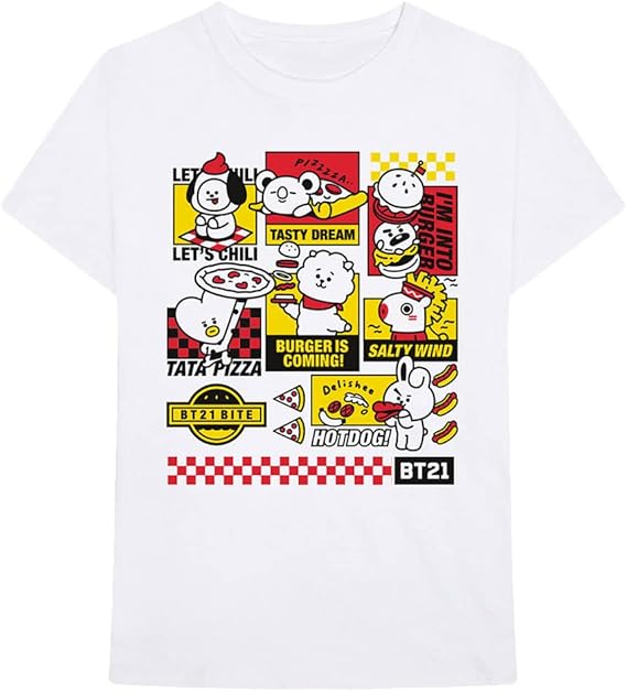 BT21 BTS Kpop Unisex Cotton Crew Neck Short Sleeves Tee Shirt (Bite Fast Food White, Medium)