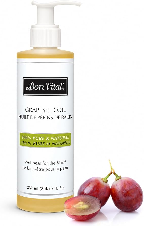 Bon Vital' Grapeseed Oil, 100% Pure Skin Toner and Massage Oil, For Hair Care, Aromatherapy, and Massage, Helps Reduce Wrinkles and Prevents Premature Aging, Skin Moisturizer, 8 Oz, Label may Vary