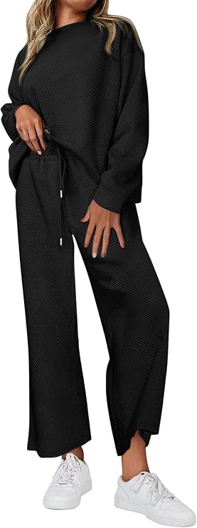 Women's 2 Piece Outfits Casual Long Sleeve Pullover Top and Wide Leg Pants Lounge Sets
