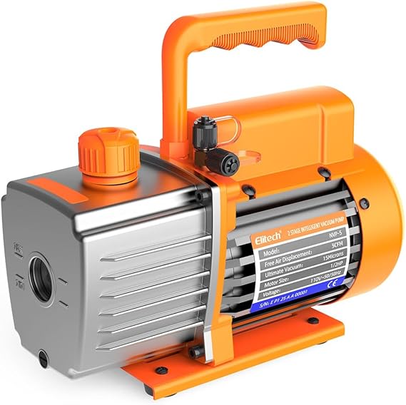 Elitech HVAC Vacuum Pump, 5 CFM Single Stage Rotary Vane | 1/3 HP Motor, 2 Pa Ultimate Vacuum, Aluminum Alloy Housing, Auto-Reset Thermal Protection, 1/4" & 3/8" Ports