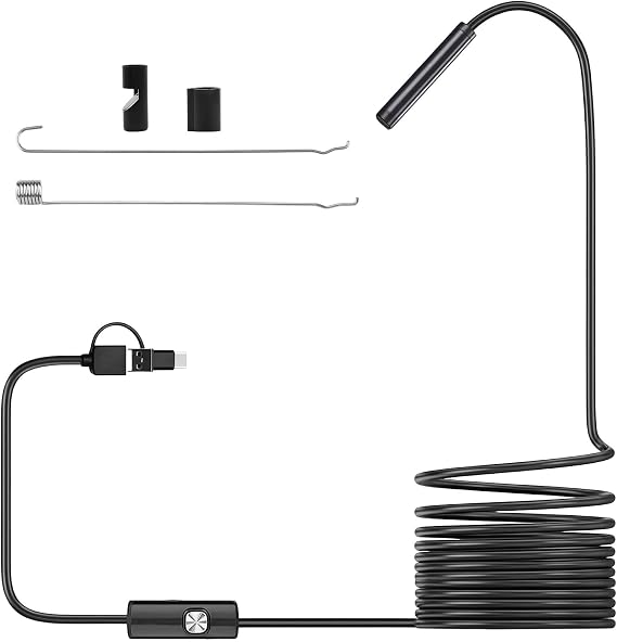 Endoscope Inspection Camera with Light – 5.5mm Ultra-Thin Flexible Borescope, Snake Camera for Drain, Sewer, Automotive, Home Maintenance, 6 Adjustable LEDs, Compatible with Android & Selected Mobile