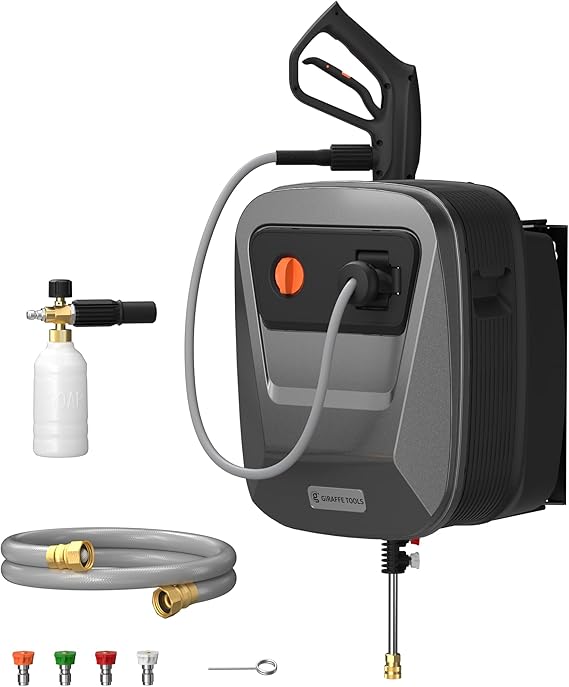 Giraffe Tools 65FT Wall Mount Pressure Washer G20, Dark Silver, Grey Hose | 2500 PSI, 2.2 GPM, Auto Rewind with 180 Swivel Bracket, 5 Quick Connect Nozzles for Car, Fences and Patio Cleaning