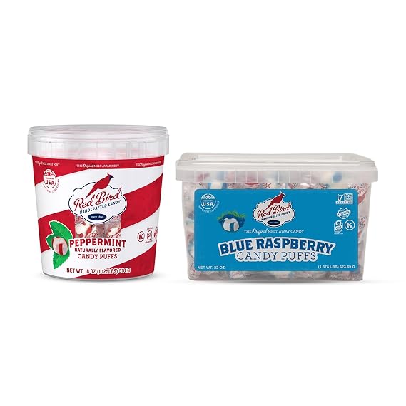 Red Bird Peppermint 18 oz & Blue Raspberry 22 oz Tubs Candy Puffs Bundle, Individually Wrapped Breath Mints, Kosher, Gluten-Free Candy For Parties, Events, Gifting, Office, Church, Restaurants