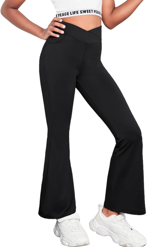 Zaclotre Girls Flare Leggings High Waisted Yoga Pants with Pockets 5-16 Y | Kid Bell Bottoms, Wide Leg Pant, School Uniform, Casual Clothes, V Crossover Waist, Stretchy, Athletic, Dance