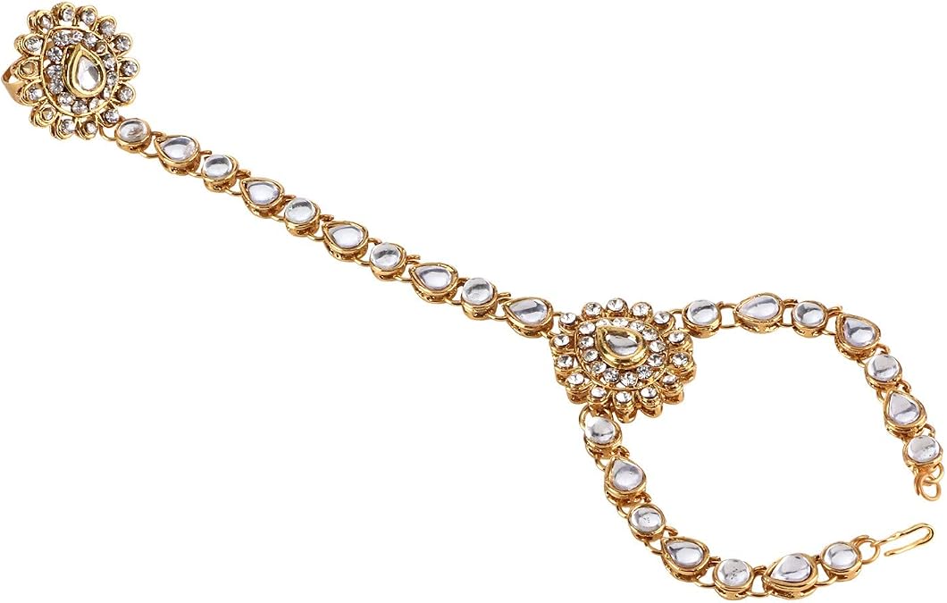 Efulgenz Indian Ring Bracelet Haathphool Indian Kundan Hand Chain Finger Ring Link Chain Bracelet Hand Jewelry