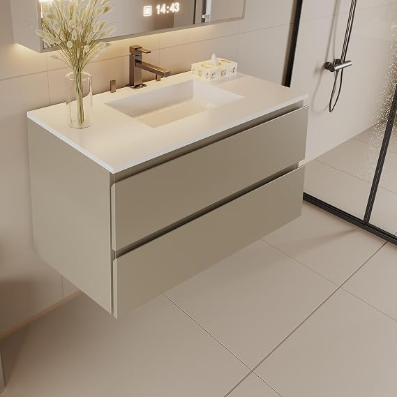 Wall-Mount Bathroom Vanity – Modern Floating Vanity with Soft-Close Drawers, Laminate Doors, Plywood Construction (Roma Clay, 30" Width)