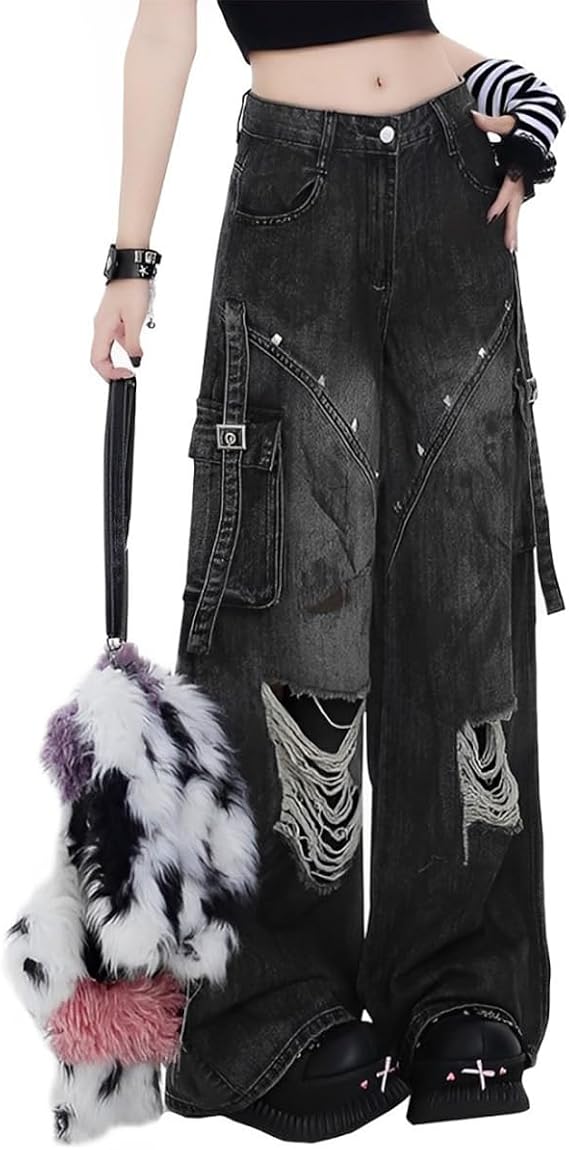 Gothic Women's Jeans Fashion Y2K Vintage Straight High Waist Baggy Wide Leg Ripped Denim Pants Black