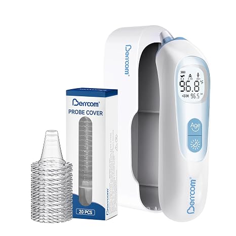 Berrcom Digital Ear Thermometer with Heated Tip for All Ages | 1-second accurate reading, fever alert with mute & night light, includes 21 probe covers & storage box, for baby kids adults