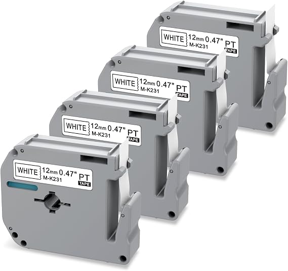 M-K231 Label Tape Compatible with Brother P-Touch Label Tape M-K231S M231 MK231 12mm 0.47 Black on White Compatible with Brother M-K231 Work for PT-M95 PT-65 PT-70 PT-45 PT-90, 4 Pack