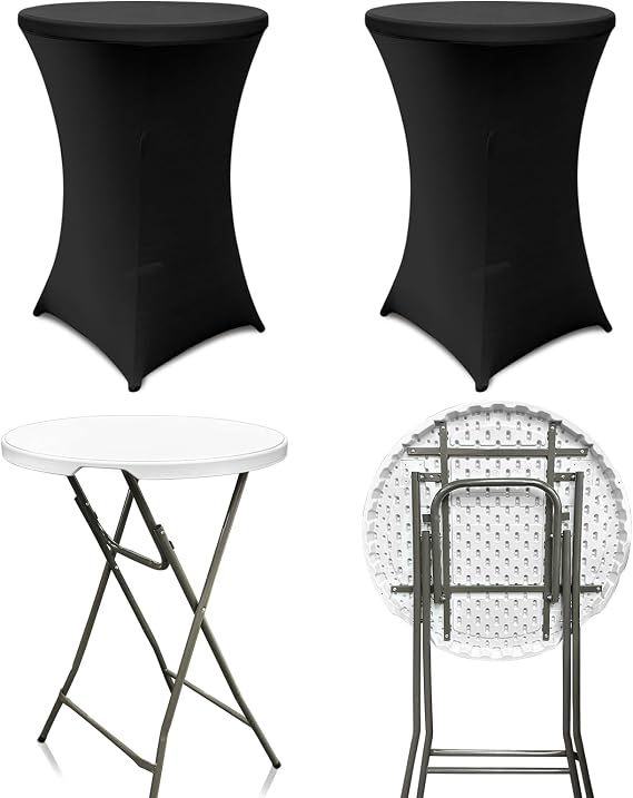 2 Sets 32in High Top Round Folding Cocktail Table Indoor Outdoor Parties BBQs Weddings Events White Bar Height Tables with 32"x43" Spandex Stretch Black Table Covers