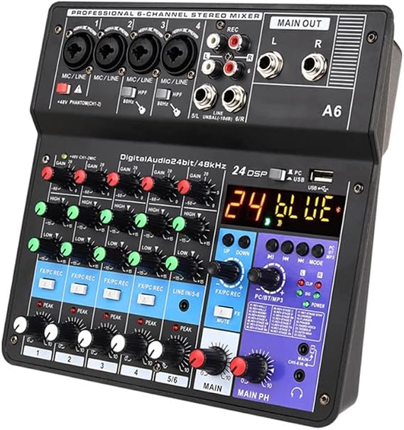 A6 6CH Protable Mini Mixer Audio Console with Sound Card USB Recording Singing Webcast Party Mixer