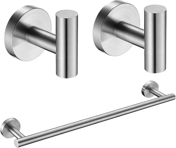 Nolimas Brushed Nickel Bathroom Hardware Set 3 Pieces SUS304 Stainless Steel Round Wall Mounted Set Including 24inch Towel Bar, Robe Towel Hooks,Bathroom Accessories Kit