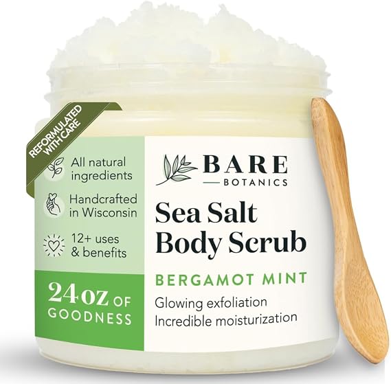 Bare Botanics 24oz Bergamot Mint Sea Salt Body Scrub Natural Exfoliator | All Natural, Non Toxic, Vegan and Cruelty Free | Ready to Gift |  with Cute Wooden Spoon