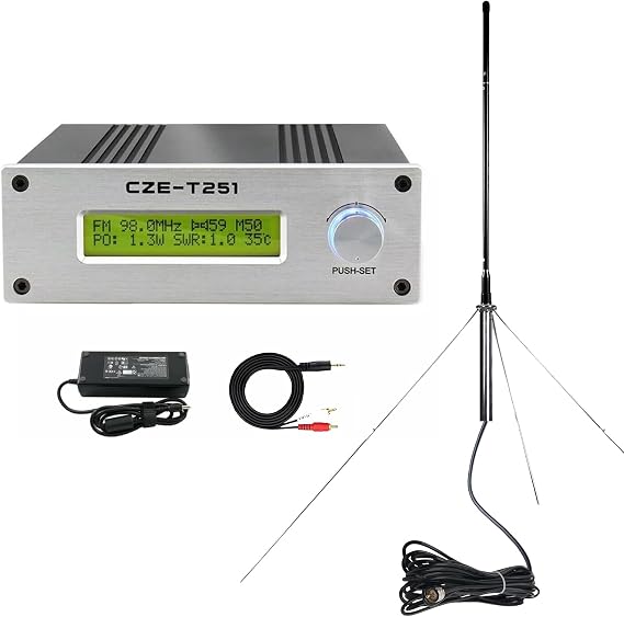 25W FM Transmitter, CZE-T251 Stereo Broadcast Radio Adjustable Professional FM Stereo Broadcast Transmitter, 12V Power Adapter+T251 FM Transmitter+Antenna+ Audio Cable