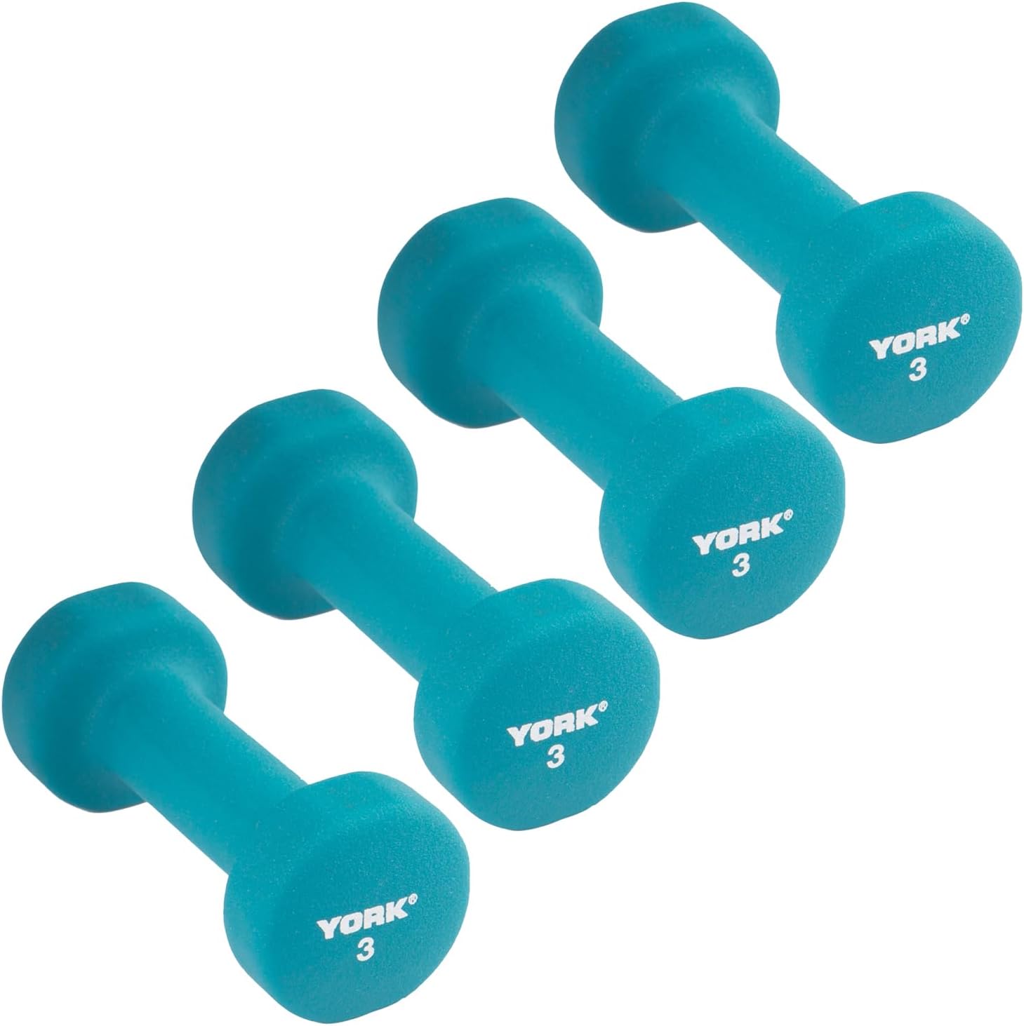 York Barbell Neoprene Coated Fitbell Dumbbell 3LB Pack of 1, 2, 4 | Dumbbell Set for Women & Men Durable Anti-Roll Anti-Slip, Color Teal| Ideal for Arm Rows Squats Chest Presses Bicep Curls