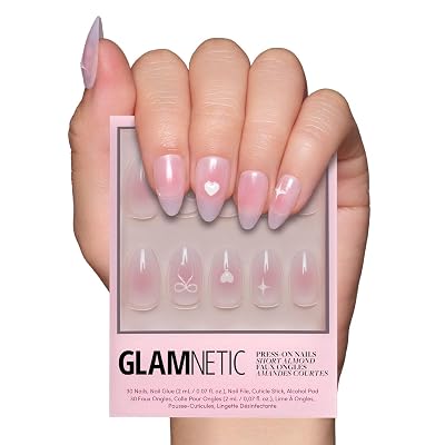 Glamnetic Press On Nails - Lovers Knot | Glossy, Semi-Transparent, Short Almond Fake Nails, Salon Quality | 15 Sizes - 30 Nail Kit with Glue