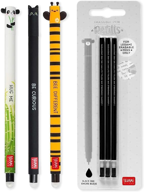 LEGAMI - Set of 3 Erasable Gel Pens + 3 Black Refills, with Thermosensitive Erase Ink, Range of ink colours & barrel designs, 0.7mm Tip, Cute Panda, Cat, Bee Design