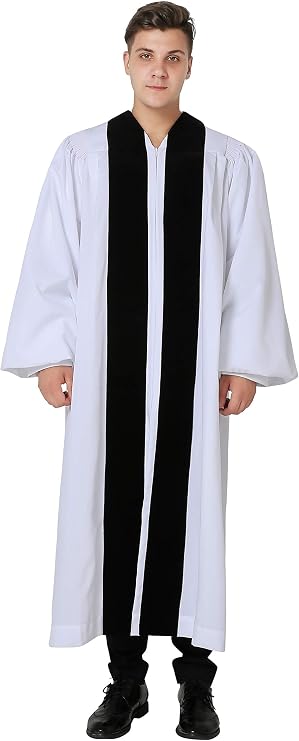 IvyRobes Unisex Velvet Geneva Clergy Robe for Pulpit with Bell Sleeves White