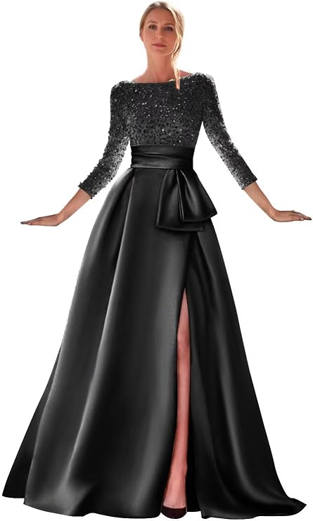 Long Sleeve Prom Dresses Sparkly Boat Neck Ball Gowns Long Satin Formal Evening Dresses with Slit