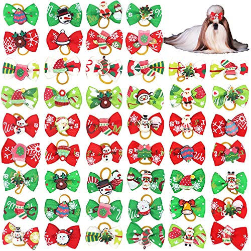 30 Pcs Cute Chirstmas Dog Hair Bows with Rubber Bands Dog Topknot Bows for Holidays Pet Dog Grooming Bows Supplies Dog Hair Accessories