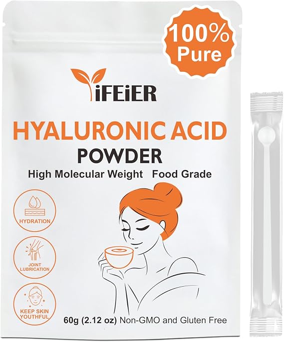 iFEiER Pure Hyaluronic Acid Powder | Food Grade Hyaluronic Acid Supplements | 60g(2.12oz) | HMW LMW High Molecular Weight Hyaluronic Acid Powder| Skin Hydration and Joint Lubrication