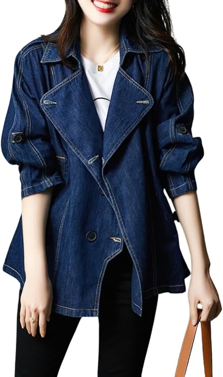 Women Fall Business Casual Denim Blazer Drawstring Waist Office Jean Jacket Trench Coat