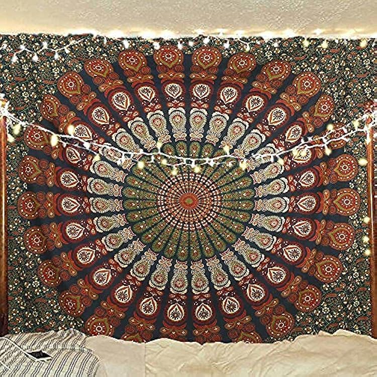 Bless International Handmade Indian hippie Bohemian Psychedelic Peacock Mandala Wall hanging College Dorm Beach Throws Table Cloth Bedding Tapestry Golden Green, King88x104Inches225x265Cms