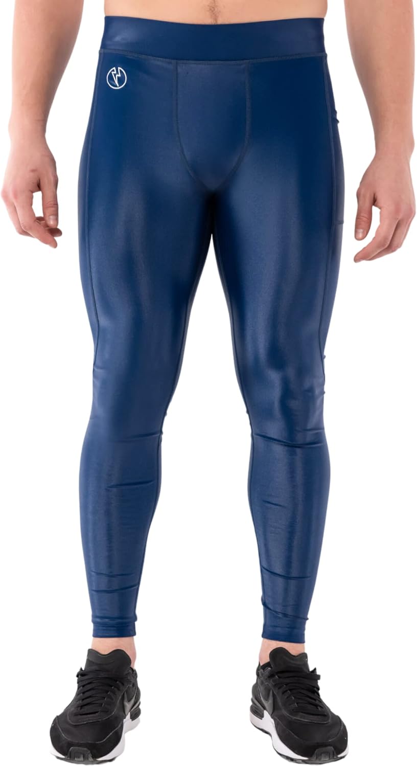 Kapow Meggings Shiny Performance Range - Shiny Compression Leggings for Men with Pockets, Athletic Base Layer Delta, XL