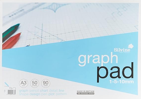 Silvine A3 Graph Pad. 50 Sheets of Quality 90gsm Paper, Printed 1-5-10mm Graph. Ref A3GP,Blue