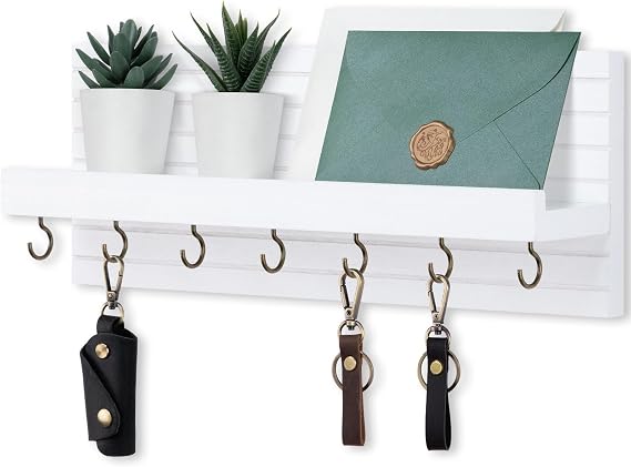 Lwenki Decorative Key Holder for Wall with Shelf, Entryway Shelf with Hooks Holds Leashes, Jackets and Glasses Sturdy Wood Keyholder Entrance Hanger with Mounting Hardware (White, Large)