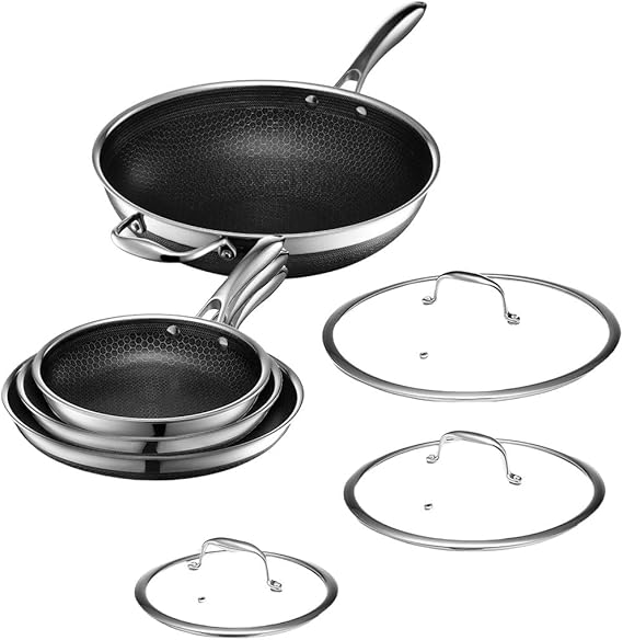HexClad Hybrid Fry Pan & Wok Set of 4 Non-stick Induction / Oven / Dishwasher Safe Manufacturer Direct Limited, HexClad Tempered Glass with Lid