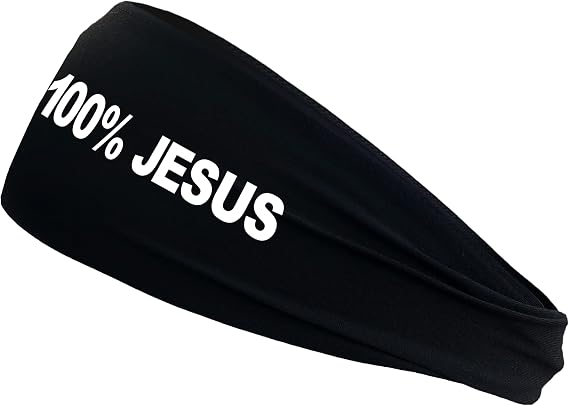 100% Jesus 4" Wide Tapered Sports Fan Stretch Headband Soccer Football White Black Athletic Fitness - Sweatband Headwrap Ninja Futbol Bandana Moisture Wicking