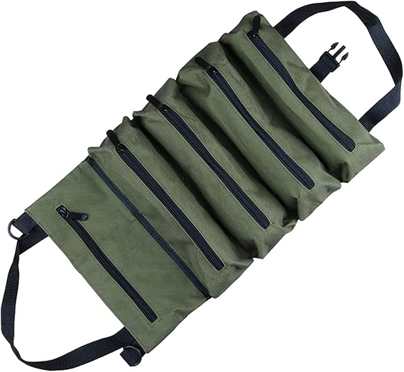 Tool Roll Multi-Purpose Tool Bag Wrench Roll Canvas Tool Bucket Car First Repair Wrap Roll Storage, Green