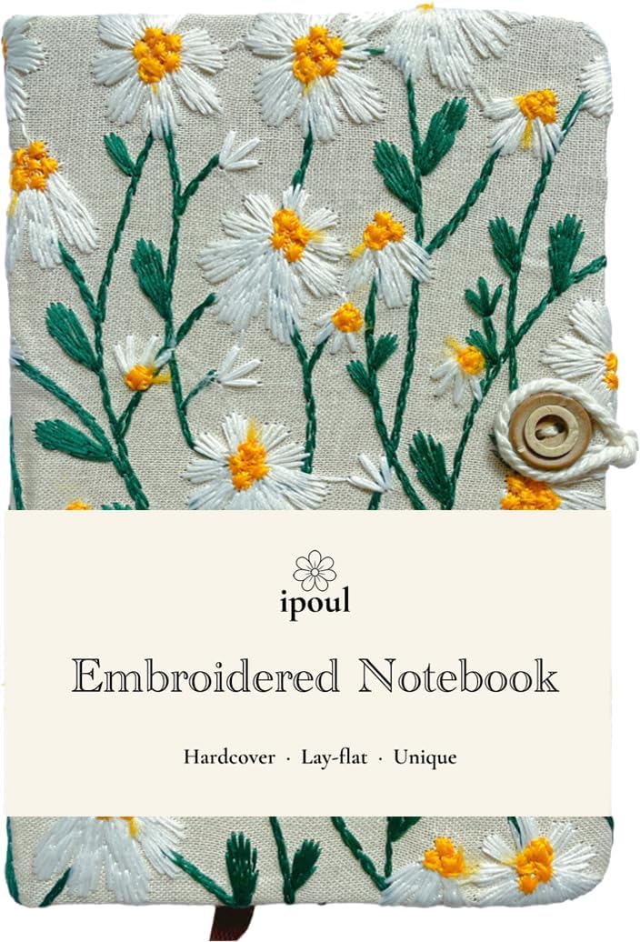Pocket Journal, Small Notebook, A6 Sketchbook, 4x6, Unlined, Flower Embroidered, Blank, Hardcover, Lay Flat, Beautiful, Daisy Gifts for Women, White Daisy