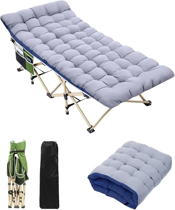 Camping Bed Camping Cots for Adults with Mattress Max Load 450 LBS Heavy Duty Folding Portable Bed with Padded for Camping Tent Outdoor(Green grey)