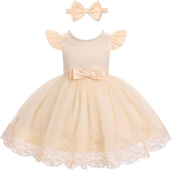 IBTOM CASTLE Toddler Baby Flower Girl Dress Pearl Lace Tulle Tutu Dress Headband Birthday Party Wedding Formal Pageant Gown