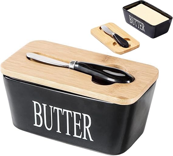 Butter Dish with Lid and Knife, Butter Dish with Lid Ceramic, Double Silicone Seals Butter Box for Butter Nuts Cheese(350ml/Black)